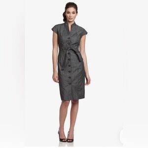 Calvin Klein Gray Mandarin Collar Button-Down Tie-Waist Cap-Sleeve Sheath Dress